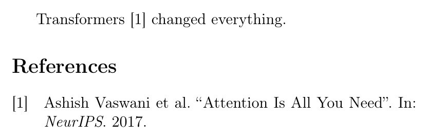A sentence citing Vaswani with a numeric marker, followed by a generated References list containing the entry.
