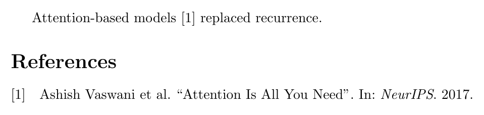 A complete document rendering a cited sentence and a numbered bibliography entry for Attention Is All You Need.