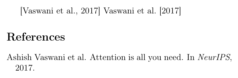 Author-year citations rendered by natbib: a parenthetical (Vaswani et al., 2017) and a textual Vaswani et al. (2017), above a plainnat bibliography.