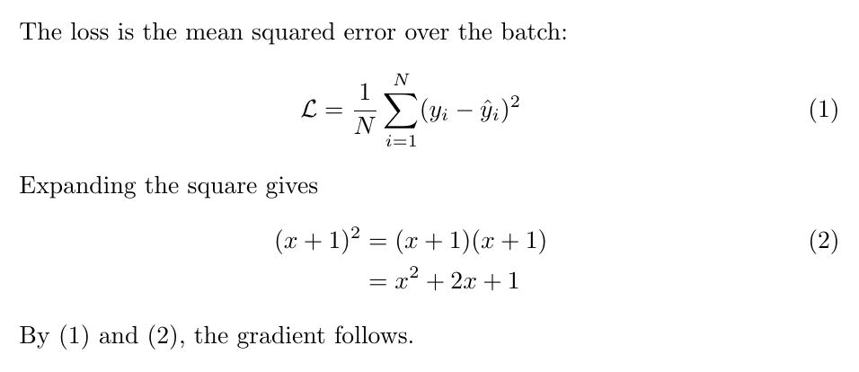 A page showing a numbered mean-squared-error equation (1), a two-line aligned expansion numbered (2), and a sentence citing both equation numbers.