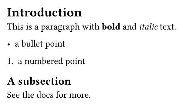 A heading 'Introduction', a paragraph with bold and italic words, a bullet list, a numbered list, a subsection heading and a hyperlink.