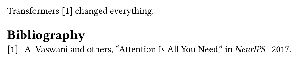 A sentence citing Vaswani, followed by a generated Bibliography section listing the entry.