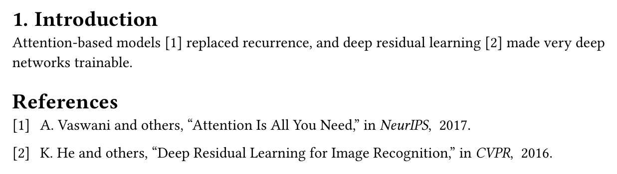 An A4 page with a numbered Introduction heading, two citations in the text, and an IEEE-style References list.