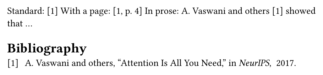Three citation forms rendered in turn: a standard bracketed citation, one with a page supplement, and a prose citation naming the author inline.