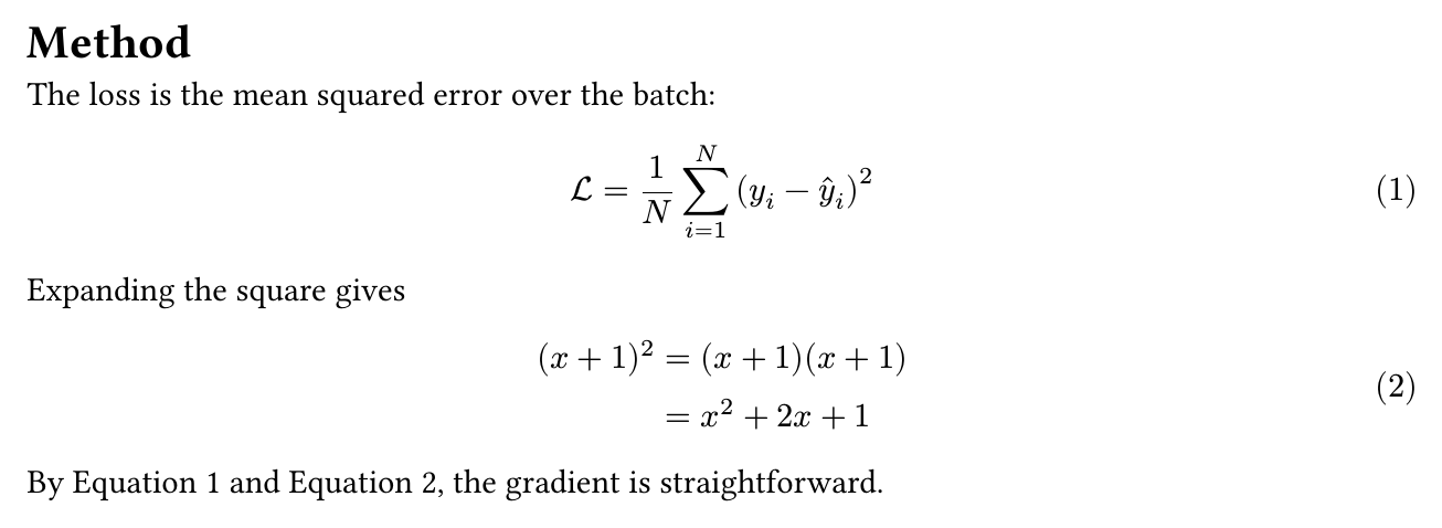 An A4 page with a numbered mean-squared-error equation (1), a two-line aligned expansion (2), and a sentence referencing both by number.