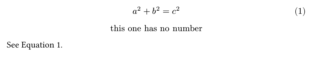A numbered Pythagorean equation (1), an unnumbered equation below it, and a sentence referencing equation 1.