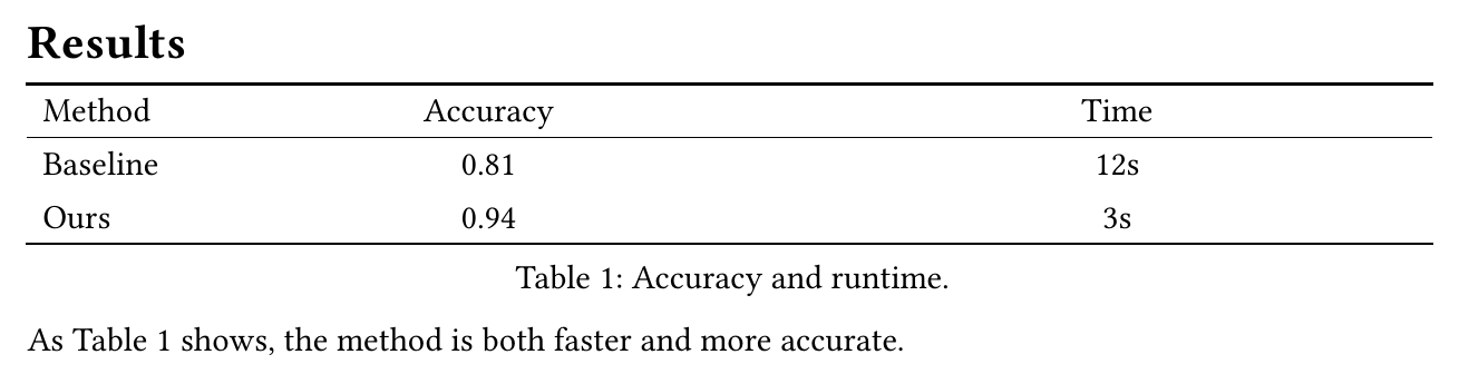 An A4 page with a stroke-free results table using horizontal rules only, captioned 'Accuracy and runtime.', and a sentence referring to Table 1.
